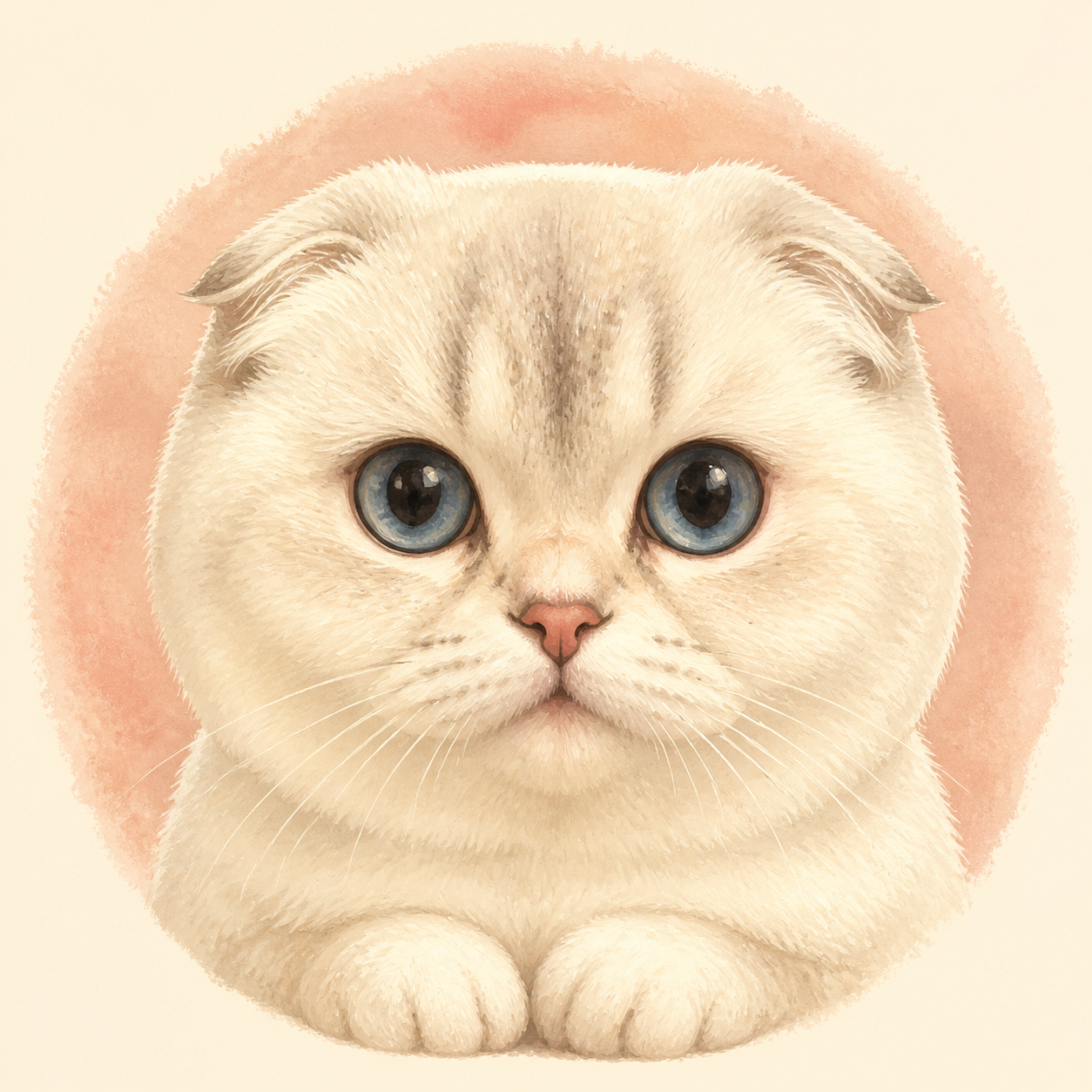 Nyla, a cream Scottish Fold with folded ears and round blue-gray eyes